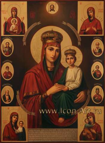 Образ Пресвятой Богородицы «Спорушница грешных», избранные иконы Пресвятой Богородицы: «Знаминье»,«Семистрельная»,«Казанская»,«Владимирская» и святые: Архангел Михаил, Николай Чудотворец, Князь Владимир, мученик Трифон, Серафим Саровский и 