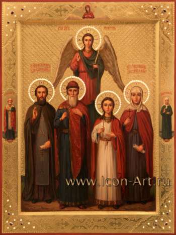 Семейная икона. Образ Пресвятой Богородицы «Семистрельная», святые: Ангел Хранитель, Князь Владимер, Александр Иерусалимский, мученица Любовь, Наталия Никомидийская, Николай Чудотворец и Матрона Московская.  