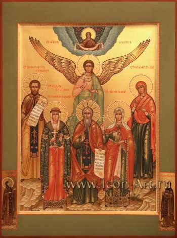 Семейная икона. Покров Божией Матери, Святые: Ангел Хранитель, прп. Константин Синадский, прав. София Слуцкая, прп. Георгий Хозевит, мц. Лидия Иллирийская, проматерь Ева