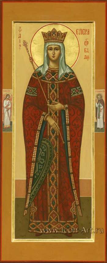 Мерная икона. Святая прп. Елена Сербская, королева. На полях иконы: святой Ангел Хранитель и святой прп. Серафим Саровский