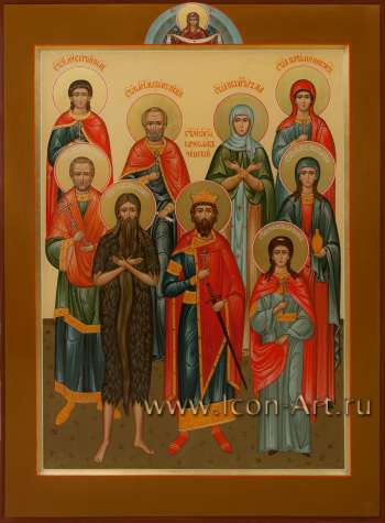 Семейная икона: святые: мч. Сергий Римский, мч. Максим Пресидский, прав. Лия, мц. Наталия Никомедийская, мч. Андрей Лапмсакийский, прп. макарий Египтеский, бл. кн. Вячеслва Чешский, прп. Мария Магдалина, мц. Надежда Римская 