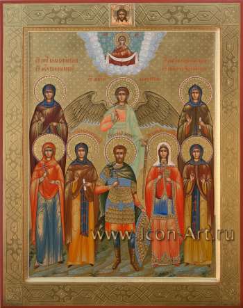 Семейная икона: Покров Пресвятой Богородицы и святые: прп. Кира Берийская, Ангел Хранитель, прп. Мария Радонежская, мц. Галина Коринфская, прпмц. Василисса Египетская, мч. Иоанн Воин, вмц. Варвара, прп. Ирина Капподокийская  