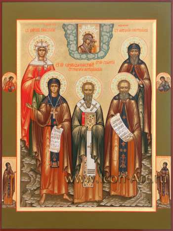 Семейная икона: Казанская икона Богородицы и святые: мц. Дария Римская, прп. Елизавета Константинопольская, свт. Григорий Антиохийский. прп. Георгий, прп. Антоний Марткопский