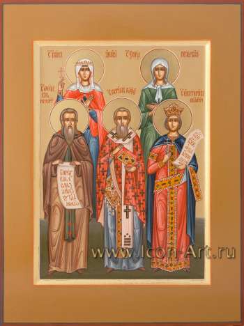 Семейная икона. Святые: мц. Ирина Аквилейская, блаж. Ксения Петербуржская, прп. Феодор Начертанный, свт. Кирилл Гортинский, вмц. Екатерина