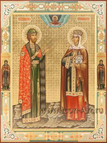 Семейная икона. Покров Пресвятой Богородицы и святые: благ. кн. Борис и св. царица Тамара Грузинская, на полях св. Петр и Феврония Муромские