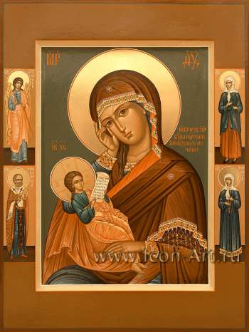 Пресвятая Богородица «Утоли моя печали», святые на полях: Ангел Хранитель, прп. Ксения Петербуржская, свт. Николай Чудотворец, ст. блаж. Матрона Московская