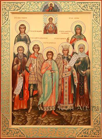 Семейная икона. Пресвятая Богородица «Знамение», святые: пр. Глафира, мц. Татиана, прп. Сергий, мч. Георгий, Ангел Хранитель, вмц. Екатерина, вмц. Анастасия