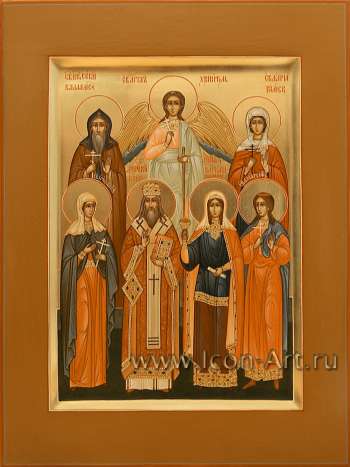 Семейная икона, святые: Сергий Валаамский, Ангел Хранитель, мц. Дария Римская, мц. Ирина Акв., свт. Димитрий Ростовский, вмц. Варвара, мц. Алла  