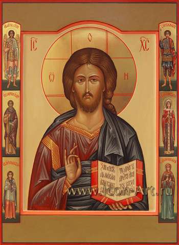 Господь Вседержитель со святыми на полях: святой Ангел Хранитель, вмч. Георгий, прп. Сергий Р., вмц. Варвара, мц. Надежда, мц. Аполлинария