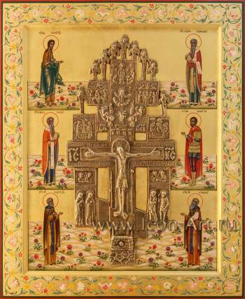 Икона с врезным крестом. Распятие с избранными святыми: св. Иоанн Предтеча, святитель Харлампий, святитель Власий Севастийский, мч. Иоанн Воин, прп. Сергий Радонежский , прп. Стилиан Пафлогонянин