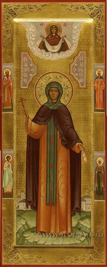 Святая прп. София Суздальская. На полях иконы: святой кн. Владимир, святая великомуч. Екатерина, святой Ангел Хранитель, святая Матрона Московская. Сверху покров Пресвятой Богородицы.