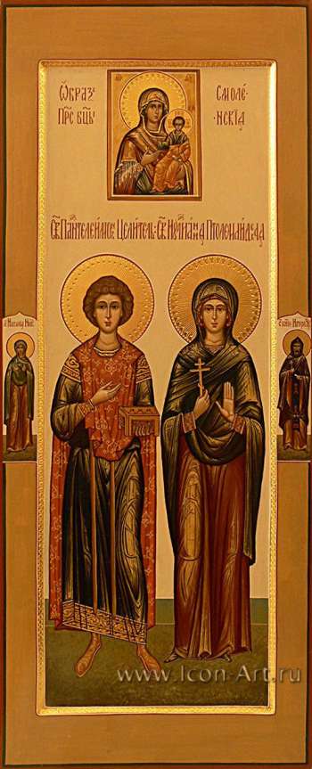 Святой мч. и Целитель Пантелеимон и святая мц. Иулиания Птолеамидская. Образ Пресвятой Богородицы «Смоленская». На полях иконы: святая Наталия Никомидийская и святой Игорь Черниговский