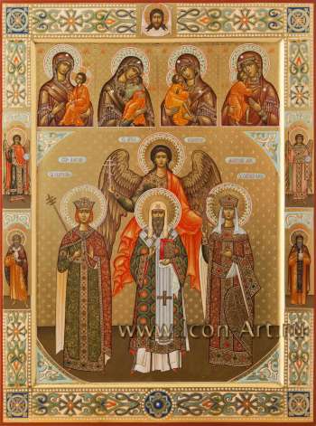 Семейная икона: Ангел Хранитель, святая вмц. Екатерина, свт. Алексий Московский, равноап. царица Елена с избранными иконами Богородицы