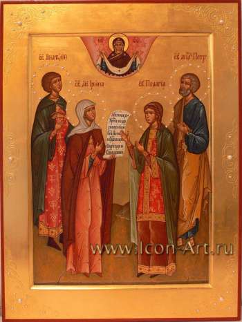 Семейная икона. Святой Анатолий, святая мц. Ирина Коринфская, святая Пелагея и святой апостол Петр. Сверху Покров Пресвятой Богородицы