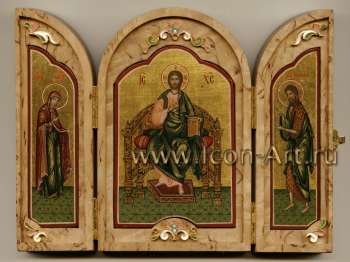 Складень из карельской березы с Господом Иисусом Христом, Пресвятой Богородицей и Иоанном Предтечей.