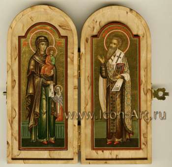 Скаладень из карельской березы с Божией Матерью Максимовской и святым митрополитом Максимом Киевским и Владимирским