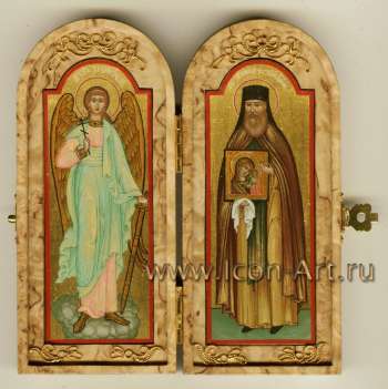 Скаладень из карельской березы с прп. Леонидом Устьнедумским и Ангелом Хранителем