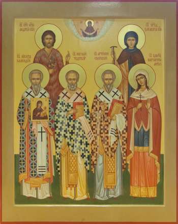 Семейная икона: прп. Андрей Египетский, прп. Елисавета Конст., свт. Никита Халкидонский, свт. Николай Чудотворец, свт. Артемий Солунский, вмц. Маргарита