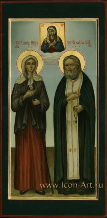 Икона Пресвятой Богородицы «Умиление». Святая Ксения Петербургская Христа ради юродивая и святой прп. Серафим Саровский. Девочка Ксения родилась в День памяти святого прп. Серафима. Вверху мерной иконы изобажен образ Пресвятой Богородицы, н