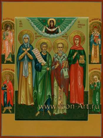 Семейная икона. Святая праведная Лия, святой ап. Андрей Первозванный, святой Николай Чудотворец, святая Зинаида Тарсийская. На полях иконы: святой Ангел Хранитель, святой Спиридон Тримифунтский, святой Вячеслав Чешский и святая Матрона Моск