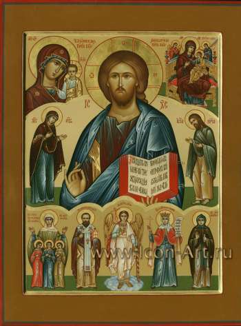 Семейная икона. Господь Вседержитель, Пресвятая Богородица, святой Иоанн Предтеча, Образ Казанской Пресвятой Богородицы и Образ Пресвятой Богородицы Всецарицы, святые Вера, Надежда, Любовь и их  мать София, святой Анатолий Одесский, святой 