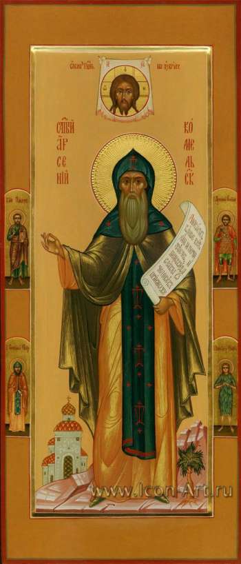 Святой прп. Арсений Комельский. На полях иконы: святой апостол Павел, святой Артемий Антиохийский, святой Антоний Печерский, святая Фотина Палестинская.