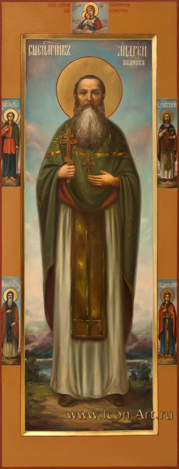 Священномученик Андрей Беднов с позолотой, фигура в полный рост с чашей и святыми на боковых полях